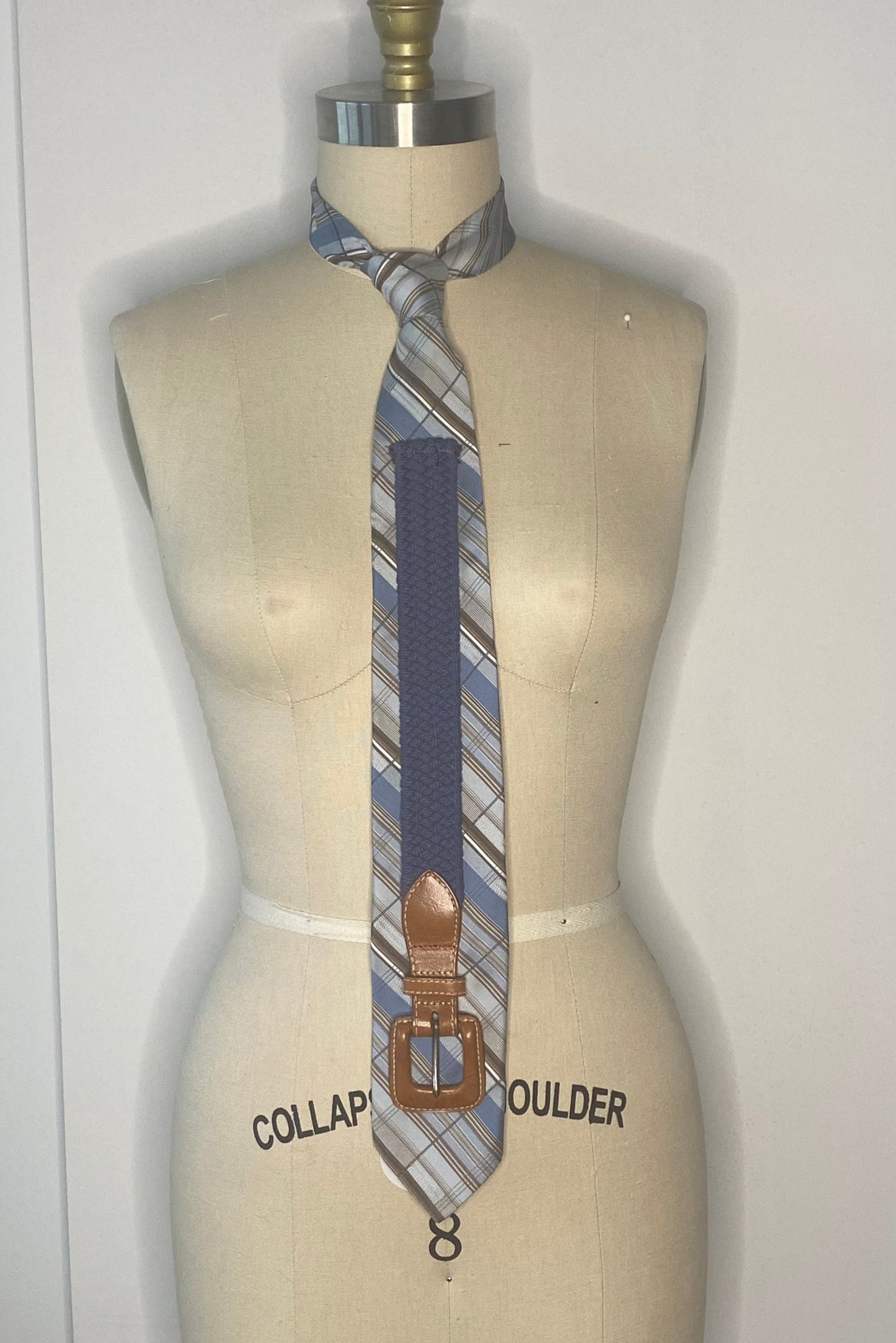 Blue Plaid and Blue Woven Belt Necktie