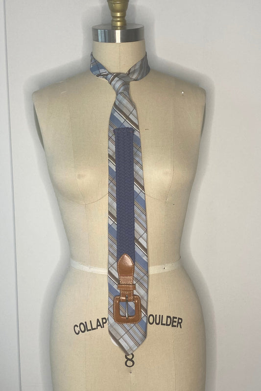 Blue Plaid and Blue Woven Belt Necktie